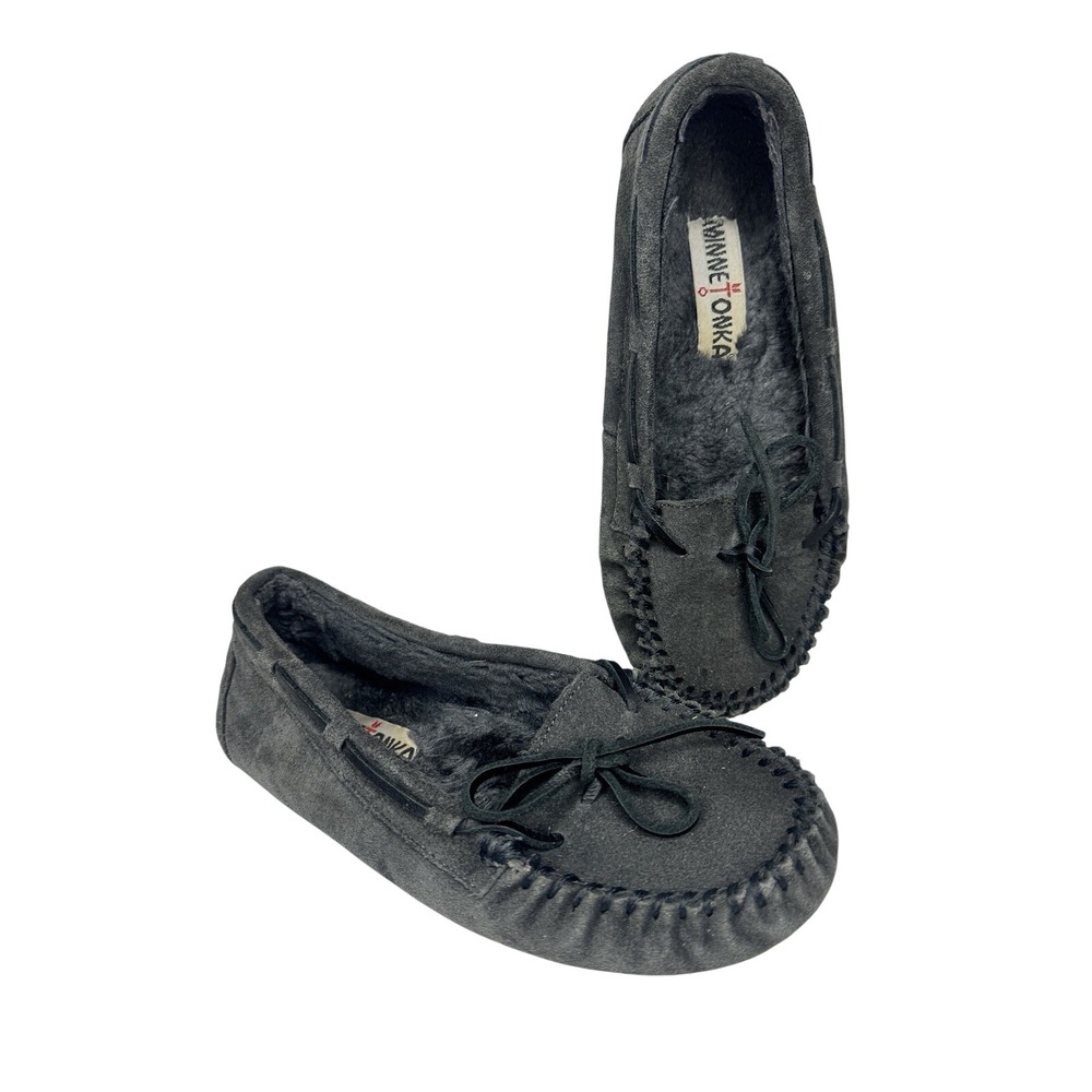 Minnetonka Slippers Womens sz 7 Charcoal Faux Fur Lined Suede Britt Trapper II
